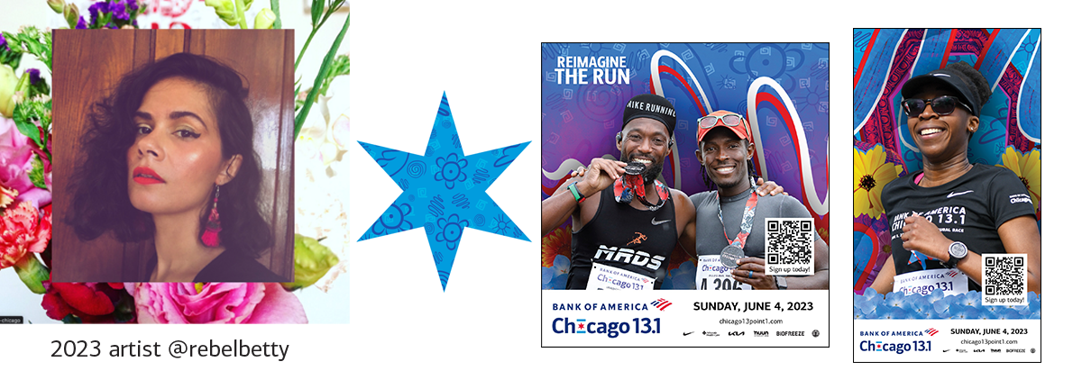 Collage with image of Amara Martin, Amara Martin's artwork for the 2023 Bank of America Chicago 13.1, and examples of how Amara Martin's artwork was used for Chicago 13.1 marketing materials.