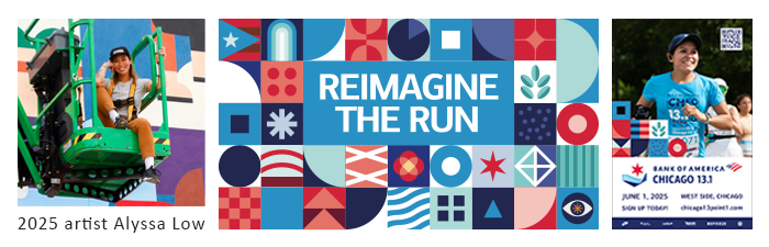 Collage with image of Alyssa Low, Alyssa Low's artwork for the 2025 Bank of America Chicago 13.1, and an example of how Alyssa Low's artwork was used for Chicago 13.1 marketing materials.