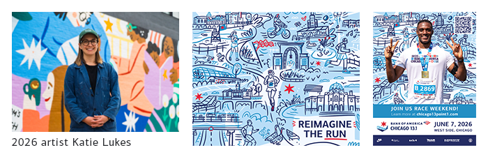 Collage with image of Katie Lukes, Katie Lukes's artwork for the 2026 Bank of America Chicago 13.1, and an example of how Katie Lukes's artwork was used for Chicago 13.1 marketing materials.