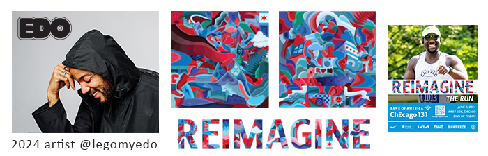 Collage with image of Edo, Edo's artwork for the 2024 Bank of America Chicago 13.1, and an example of how Edo's artwork was used for Chicago 13.1 marketing materials.